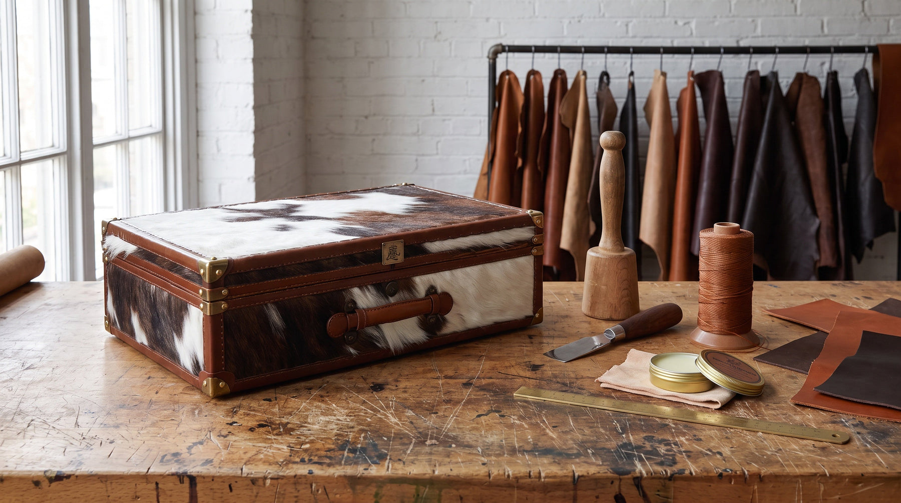 Afidano Year of the Horse horsehair and leather cigar humidor on a leatherworker's bench with hand tools
