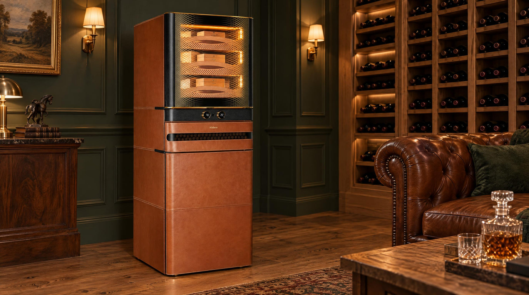 Afidano L8 Artistry cognac leather cigar humidor beside an oak wine rack in a country-house lounge