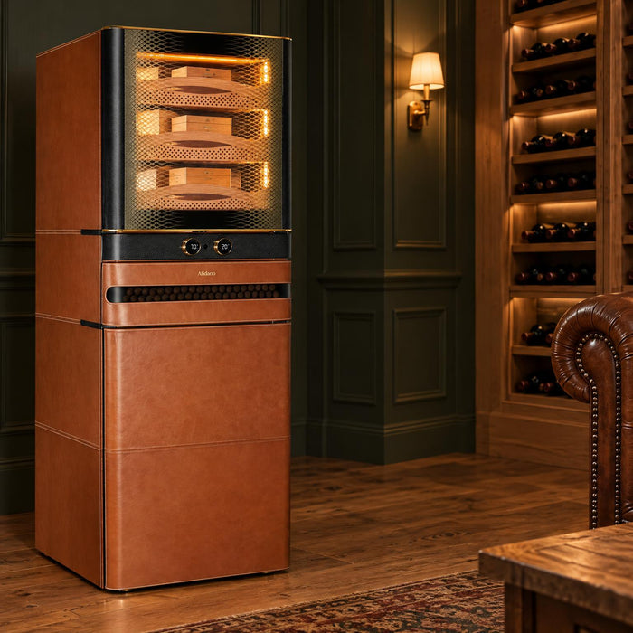 Afidano L8 Artistry cognac leather cigar humidor beside an oak wine rack in a country-house lounge