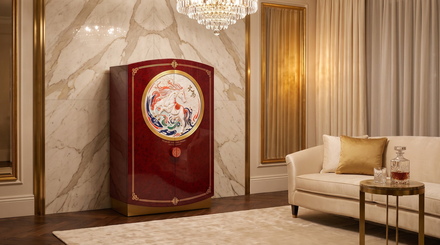 Afidano 2026 Fire Horse limited-edition red lacquer cigar humidor cabinet in a marble grand-hotel penthouse lounge