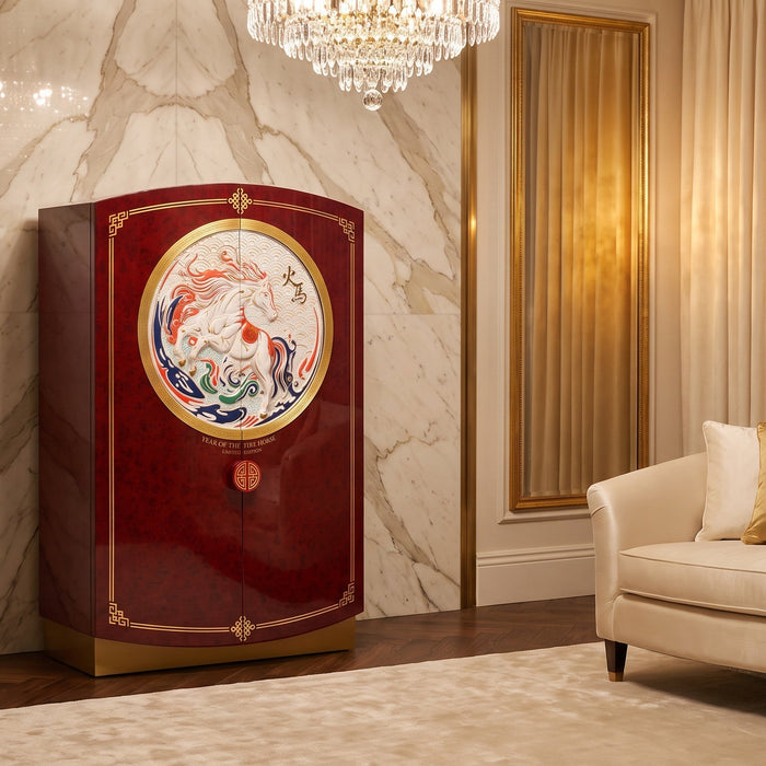 Afidano 2026 Fire Horse limited-edition red lacquer cigar humidor cabinet in a marble grand-hotel penthouse lounge